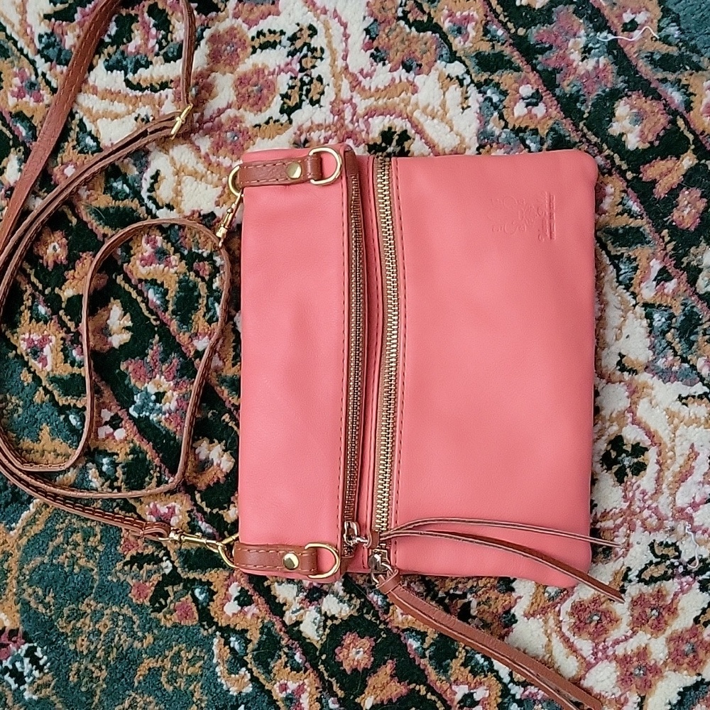 Vera Pelle Salmon Pink Leather Fold Over Double Zipper Convertible Crossbody Bag